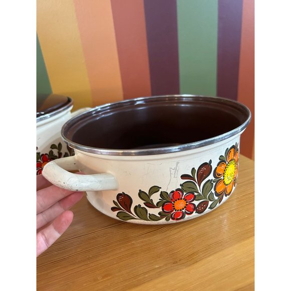 70s flower power enamel pot with handles set of 3 lidded brown - Picture 6 of 10